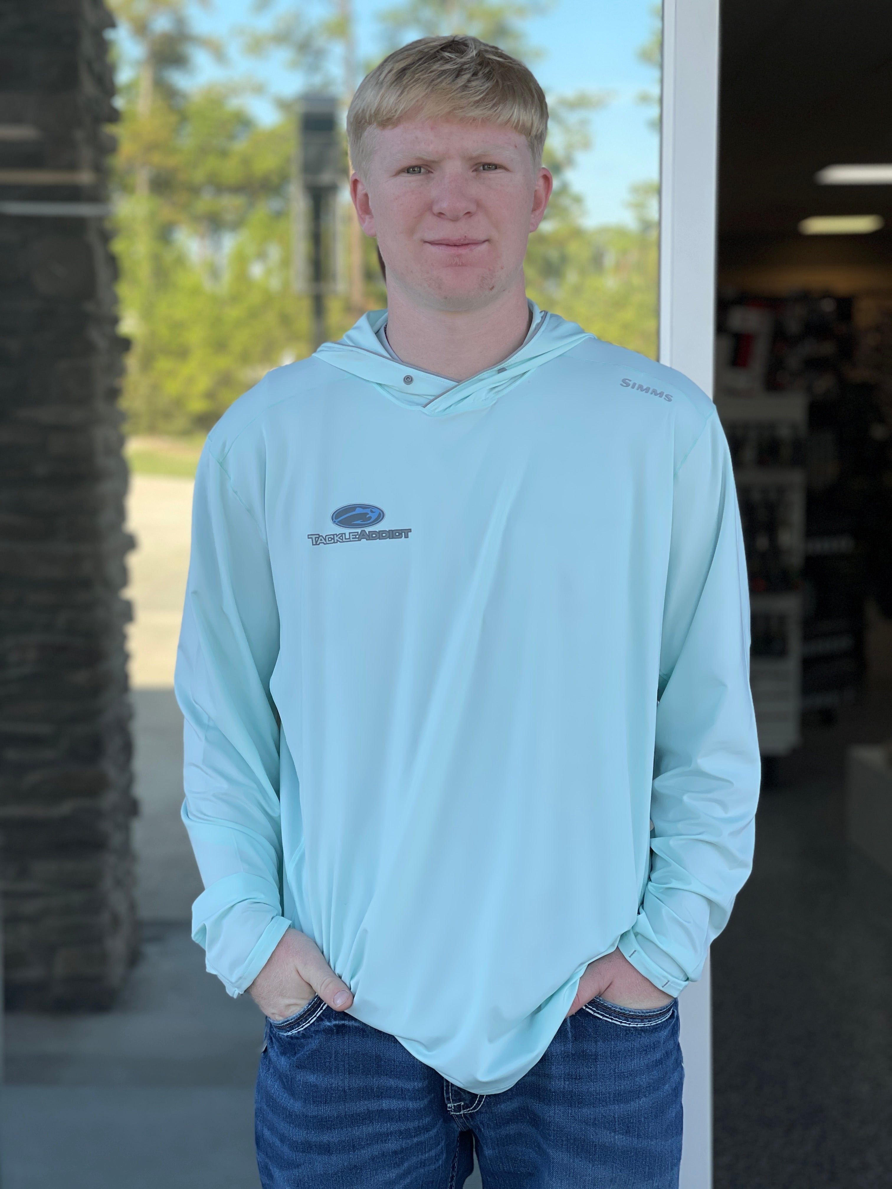 Simms M's Solarflex Hoody with Tackle Addict Logo Sea Breeze